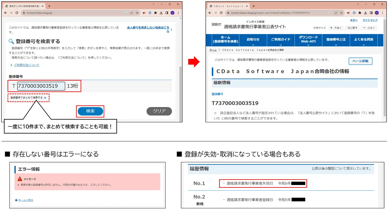 国税庁インボイス制度適格請求書発行事業者公表サイトでは登録番号を検索、登録の有無などを確認することが可能です。