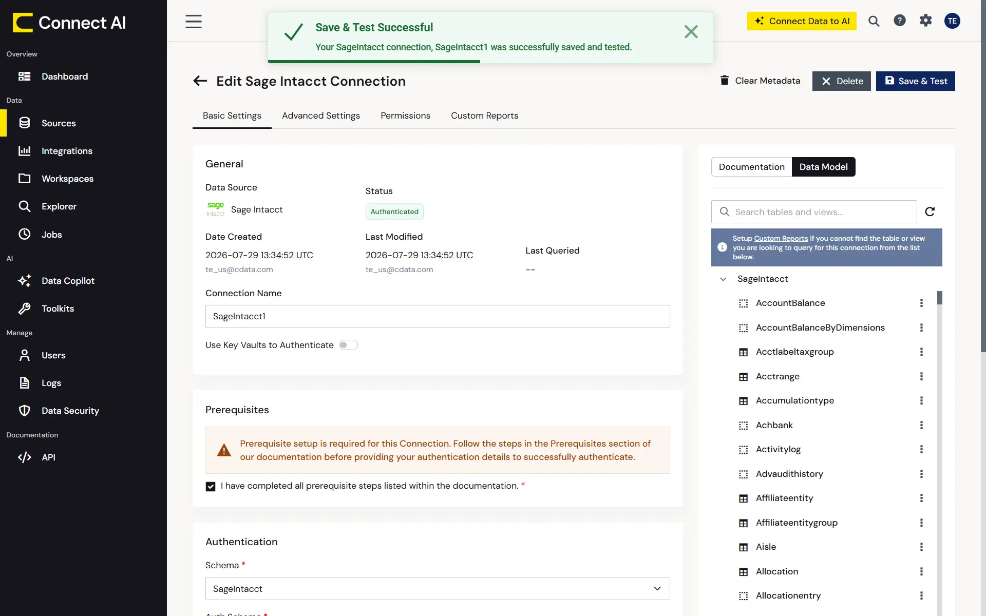 Sage Intacct connection in Connect AI
