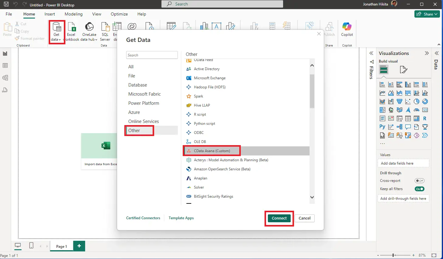 Power BI 画面からCData Asana データソースを選びます