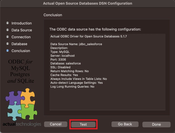 「Test」をクリックして、Salesforce へ接続できるか確認する画面