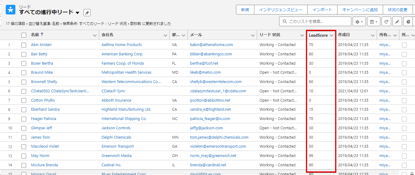 Salesforceのリード一覧画面