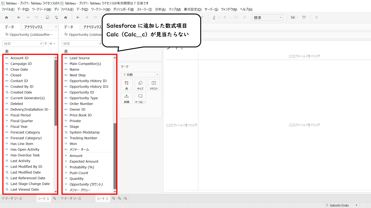 Salesforce に追加した数式項目Calc(Calc__c)がない