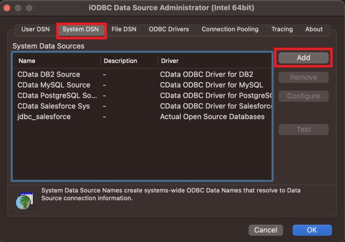 iODBC の「System DSN」タブの「Add」をクリックする画面