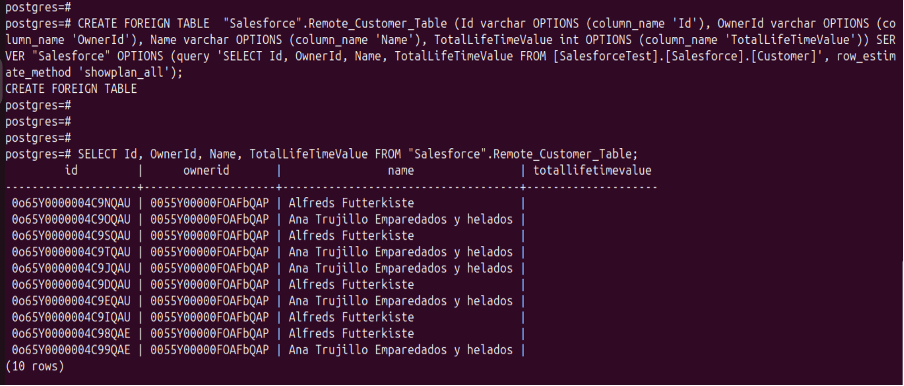 Query data from the remote data source using the PostgreSQL CLI