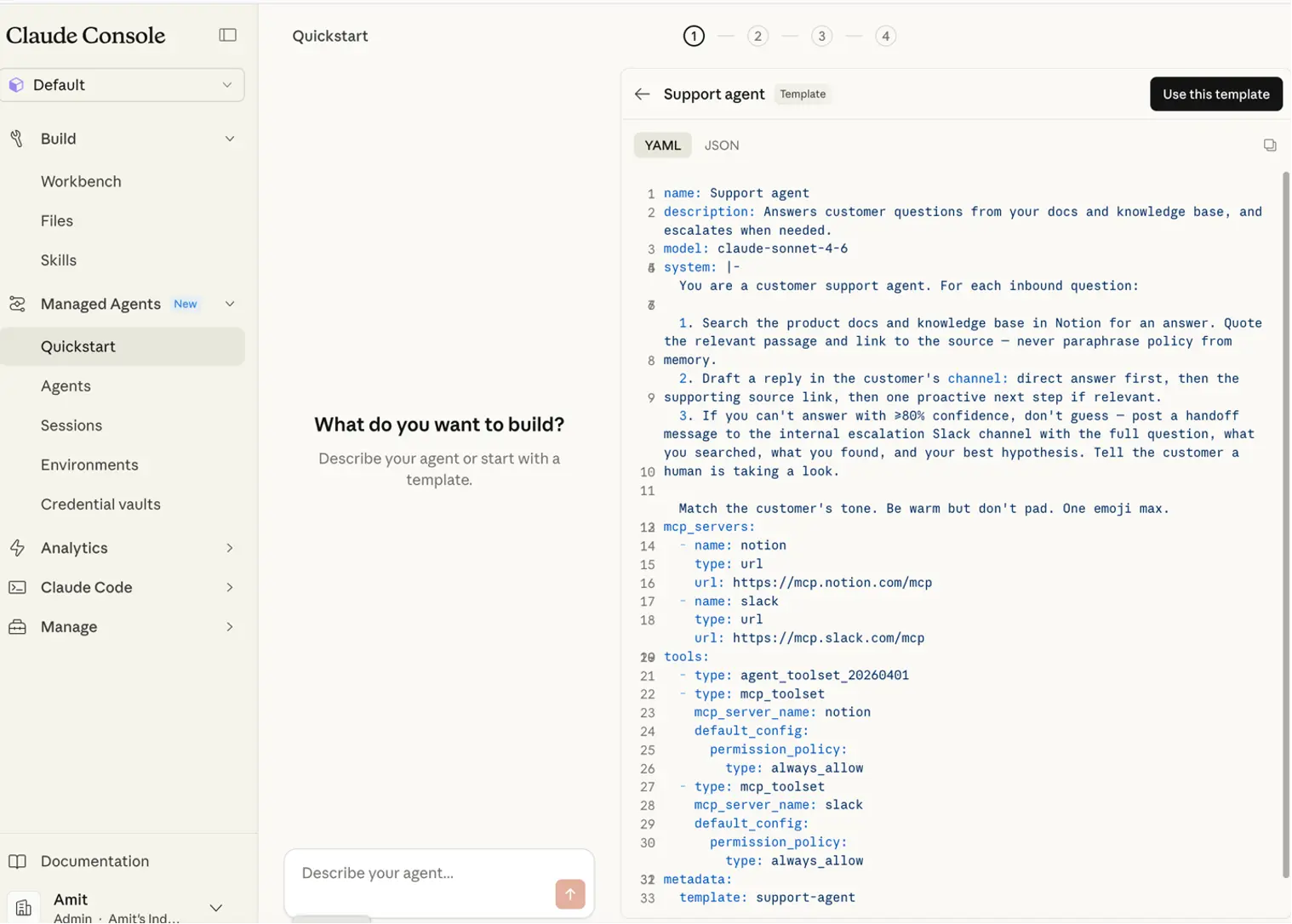 The Support agent template in Claude's Managed Agents interface.