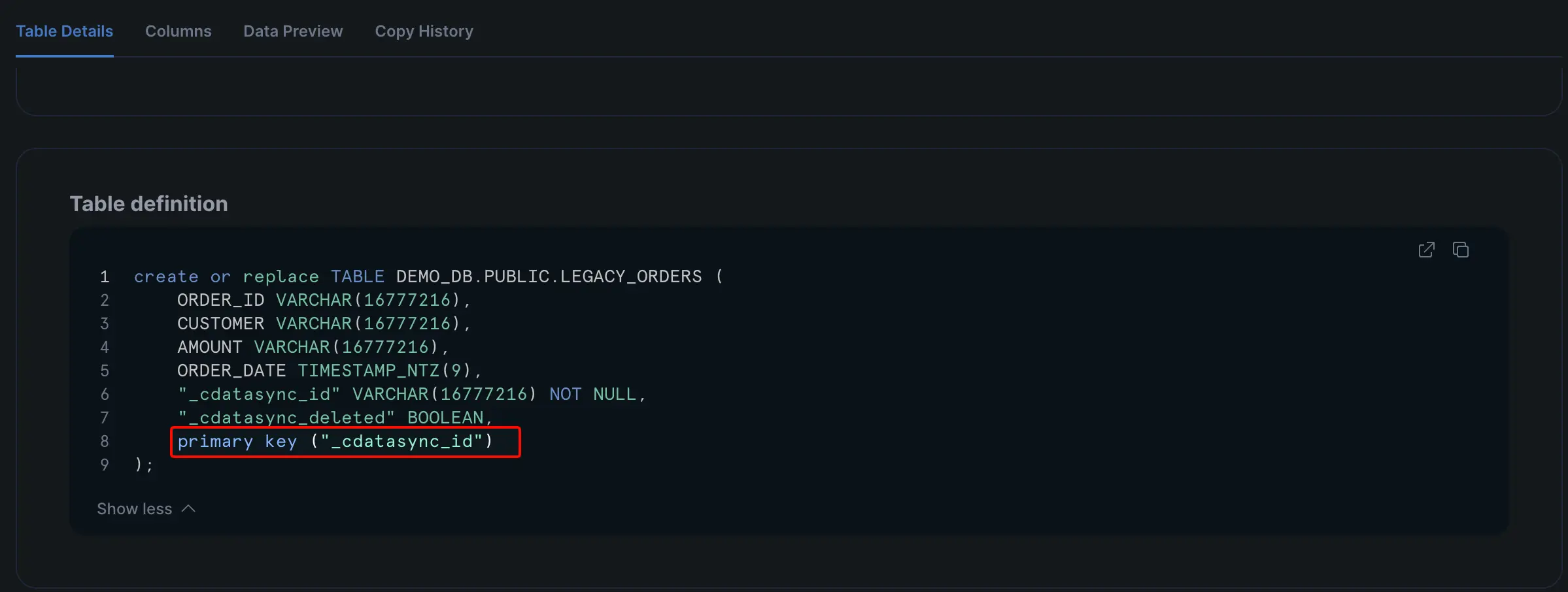 Snowflake 側のテーブル定義(_cdatasync_id が主キー)
