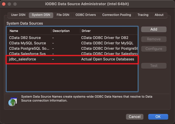 DSN が追加されましたので、このDSN をFileMaker から接続する画面