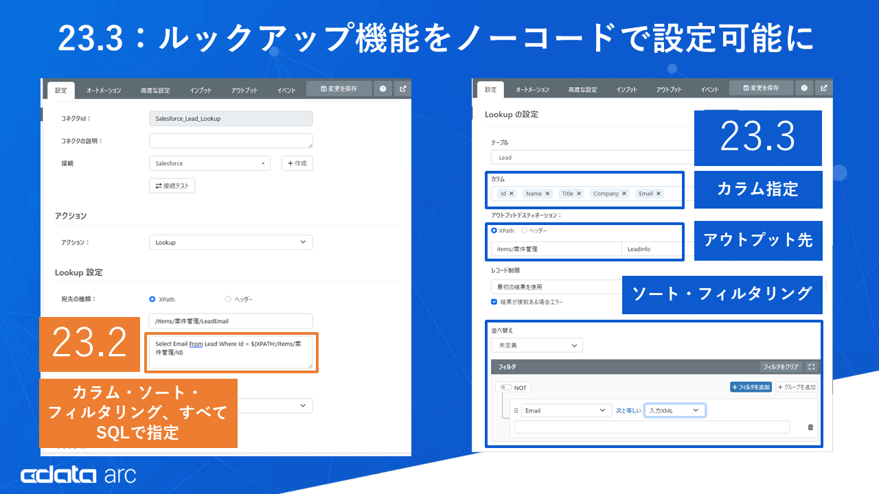 左側に旧バージョンのルックアップ画面（SQL文）、右側に新バージョンのノーコードでの操作画面