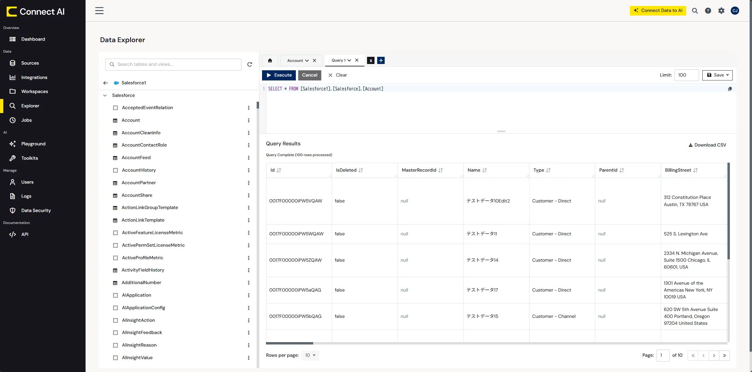 CData Connect AIのData Explorer画面。左に接続配下のテーブル一覧、右にSQLエディタとAccountテーブルのクエリ結果一覧を表示
