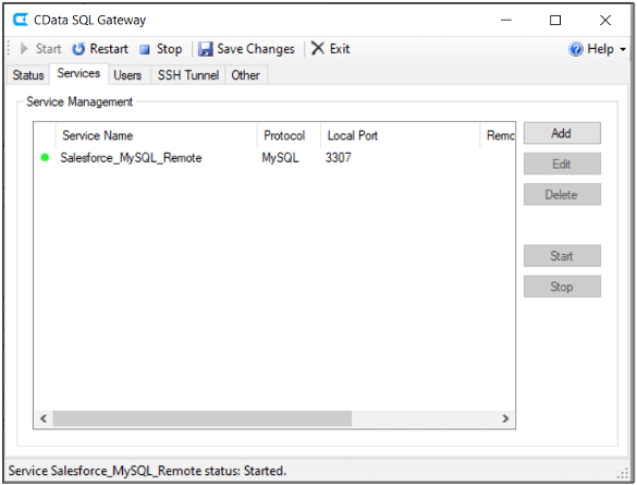 Configure the SQL Gateway by adding a new service using the MySQL protocol and the previously configured DSN