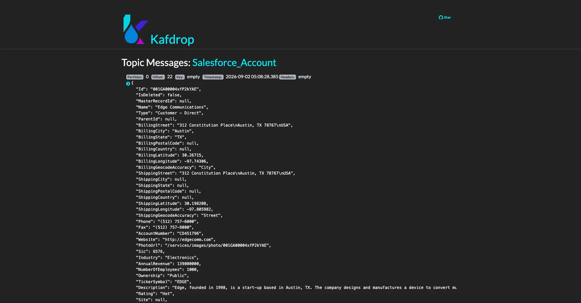 ブラウザベースのビューアーツールで確認したKafkaメッセージ