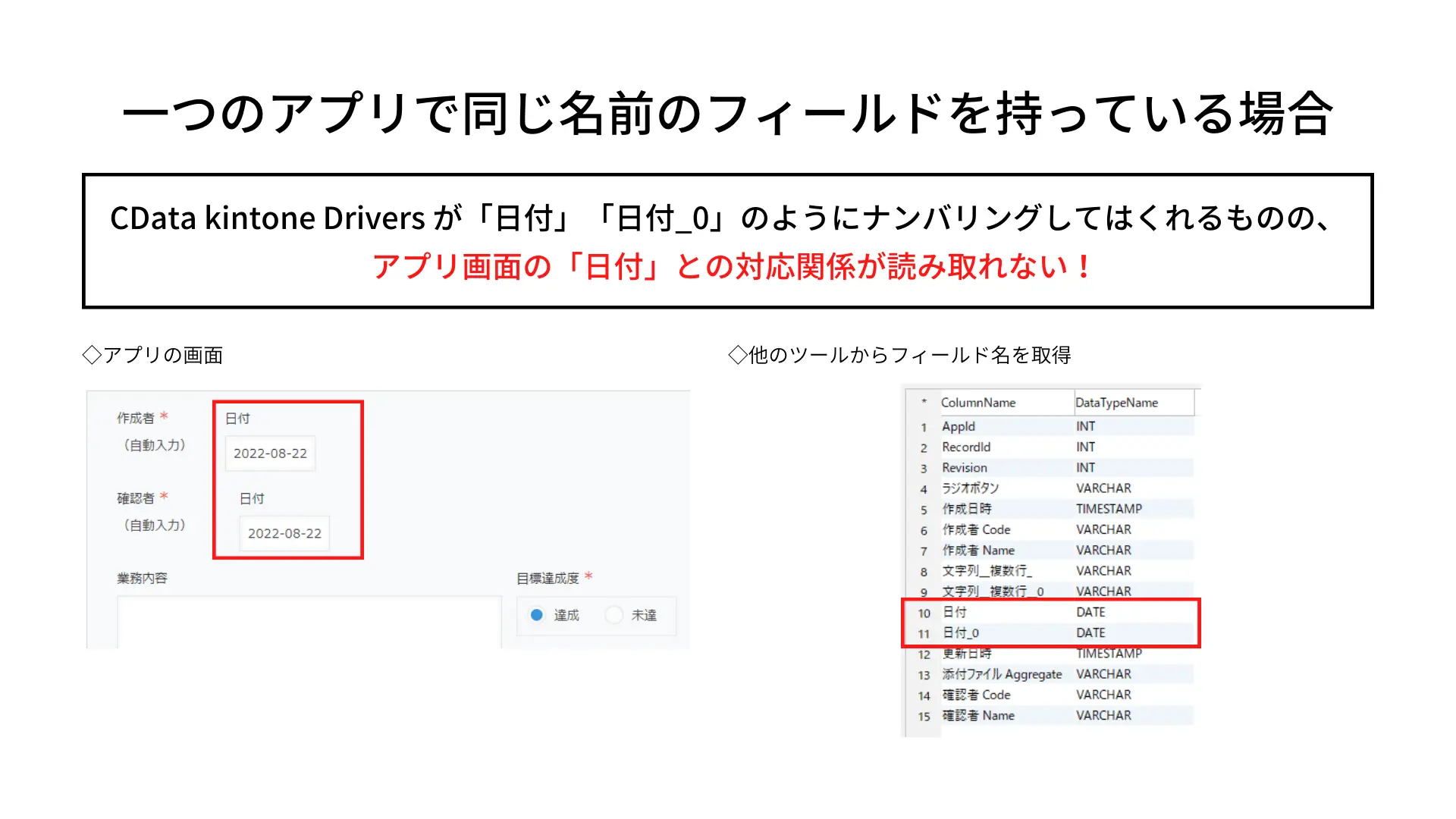 フィールド名の判別がつかなくなる事象は、同一アプリ内でフィールド名が重複している場合も生じる