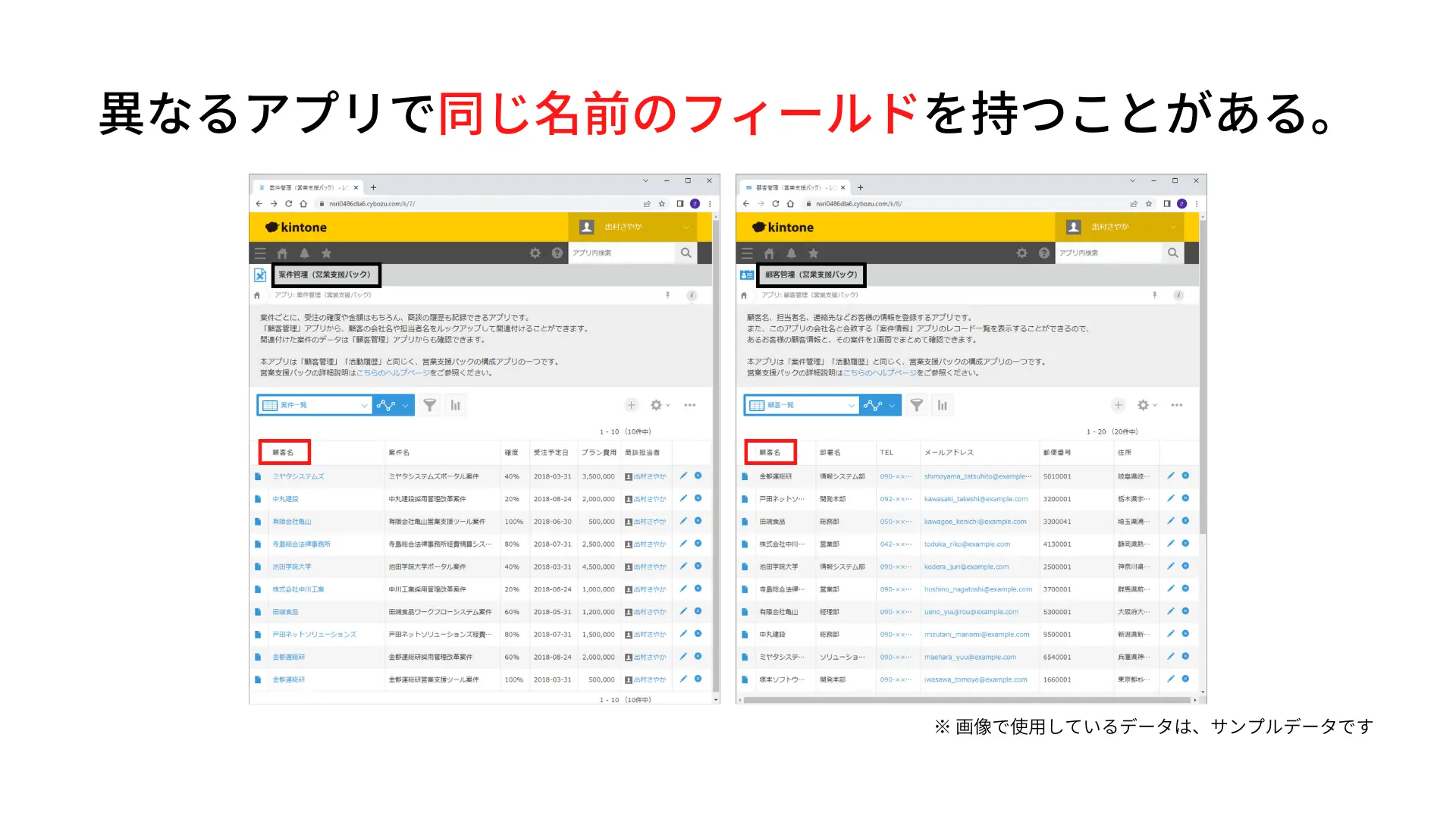 kintone アプリは異なるアプリで同じ名前のフィールドを持つことがある