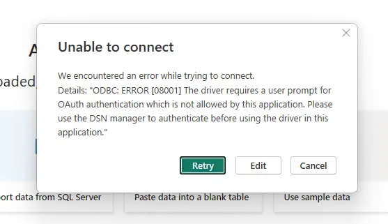 OAuth では接続できません。ODBC DSN で認証してください。
