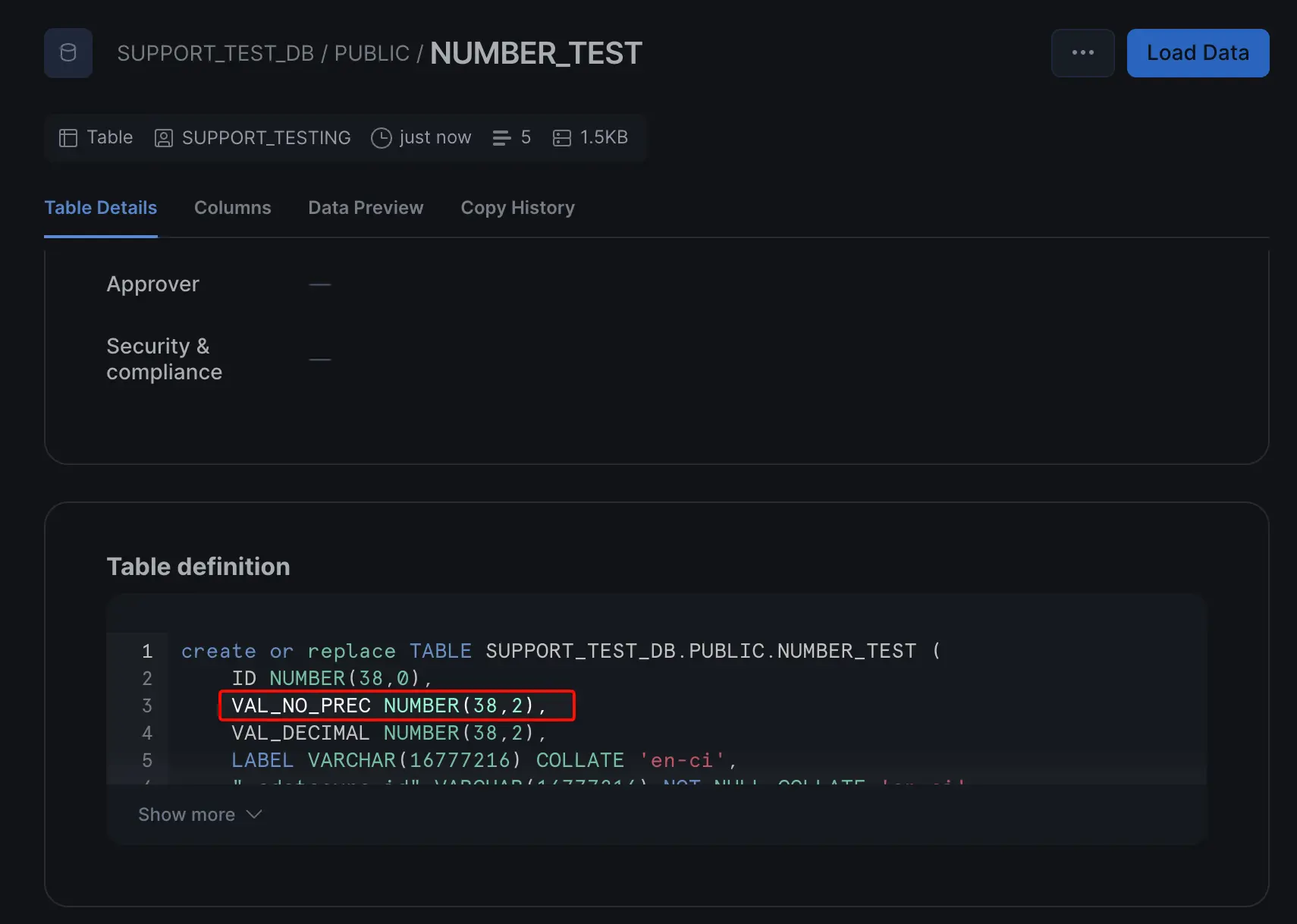 Snowflake 側のテーブル定義(VAL_NO_PREC が NUMBER(38,2) としてレプリケート)