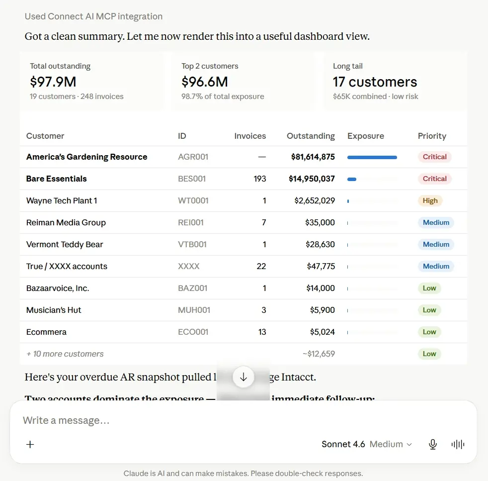 Connect AI write back a Collection note in Sage Intacct using Claude.
