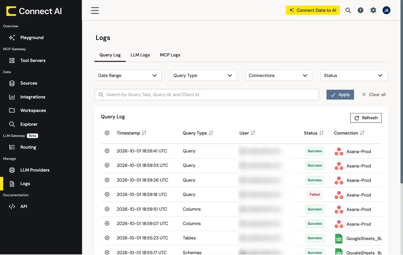 CData Connect AI Query Log listing timestamped queries with type, user, status, and connection