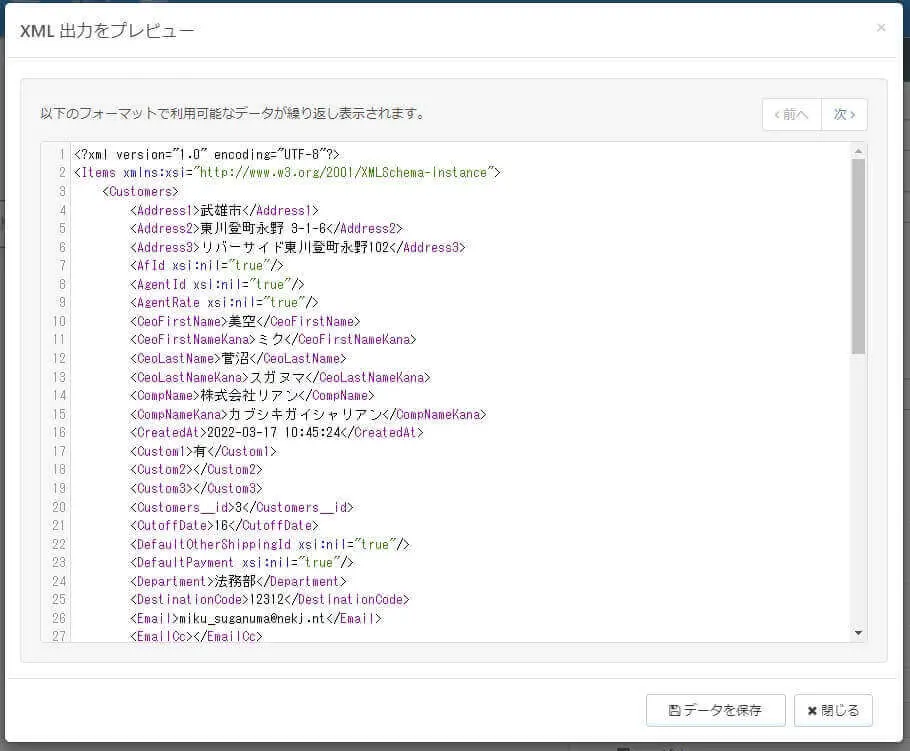 XML 出力をプレビュー