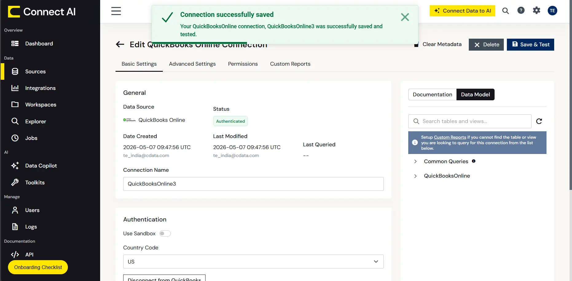 Quickbooks connection in Connect AI