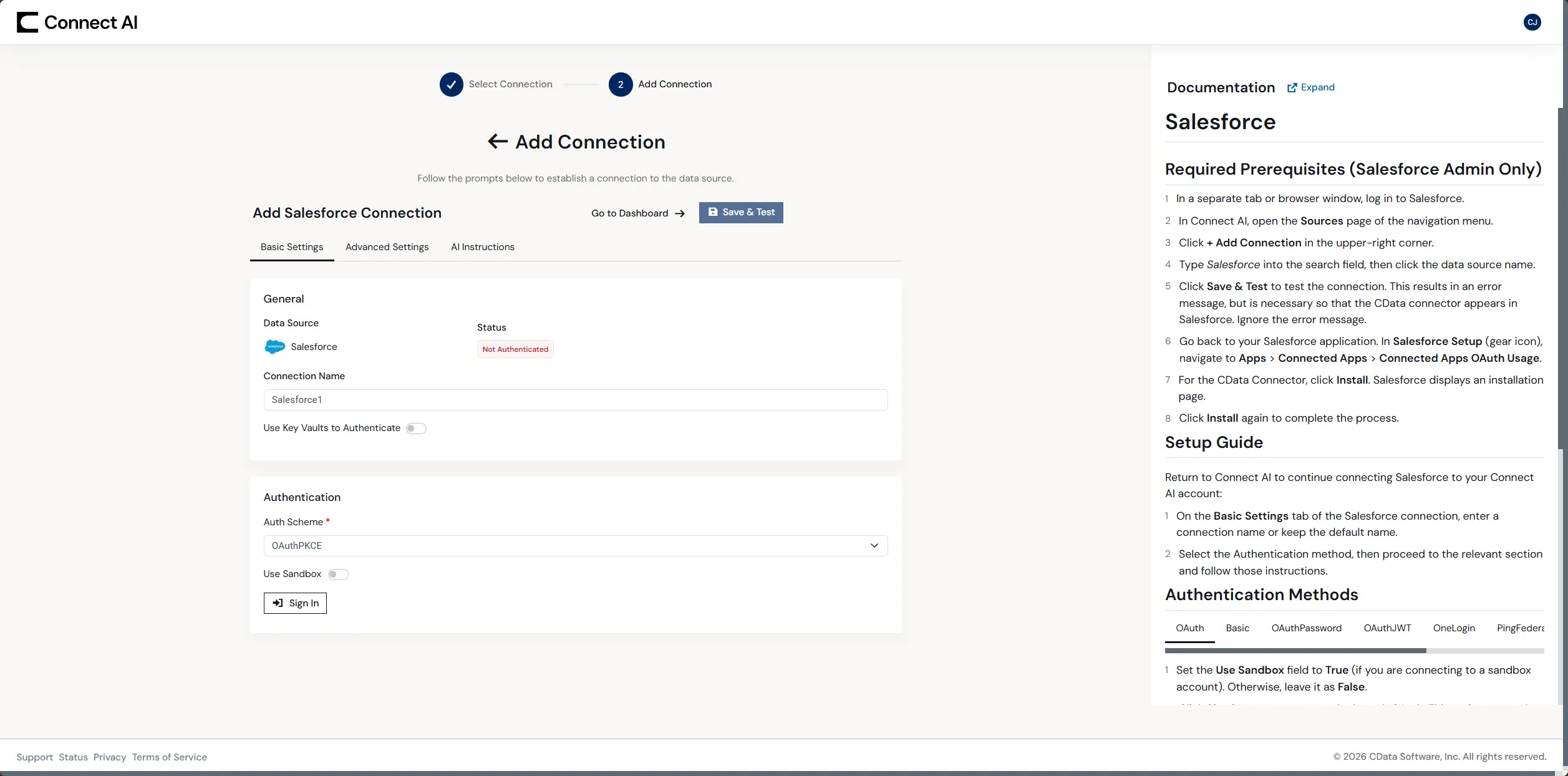 CData Connect AIのAdd Connection画面。Salesforce接続のBasic Settingsタブで接続名とOAuthPKCE認証方式のSign Inボタンを表示し、右側にSalesforce向けドキュメントパネルが並ぶ