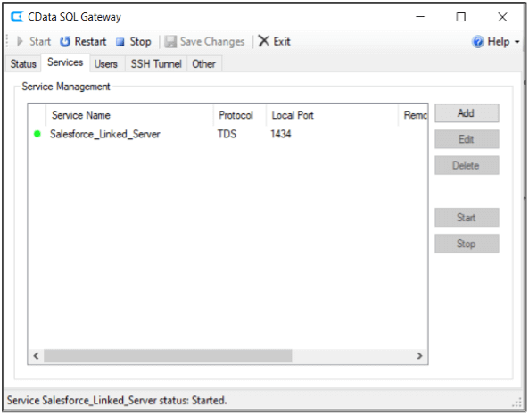Configure the SQL Gateway by adding a new service using the TDS protocol and the previously configured DSN