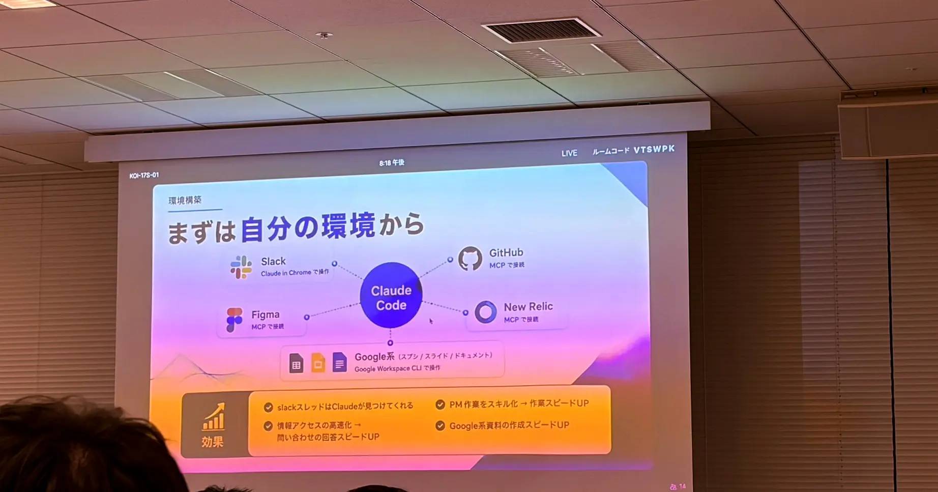 PMセッションのスライド:まずは自分の環境から。Claude CodeをSlack・Figma・GitHub・New Relic・Google系と接続する構成図