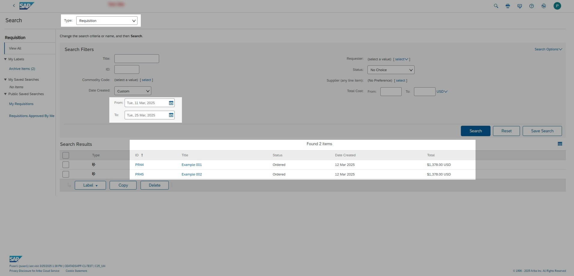 SAP Ariba の購入申請 (PR) データ