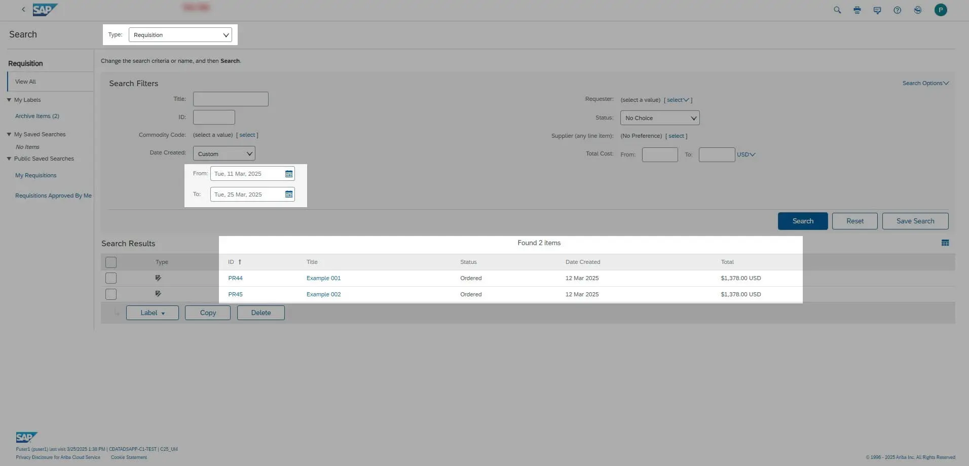 SAP Ariba の購入申請 (PR) データ